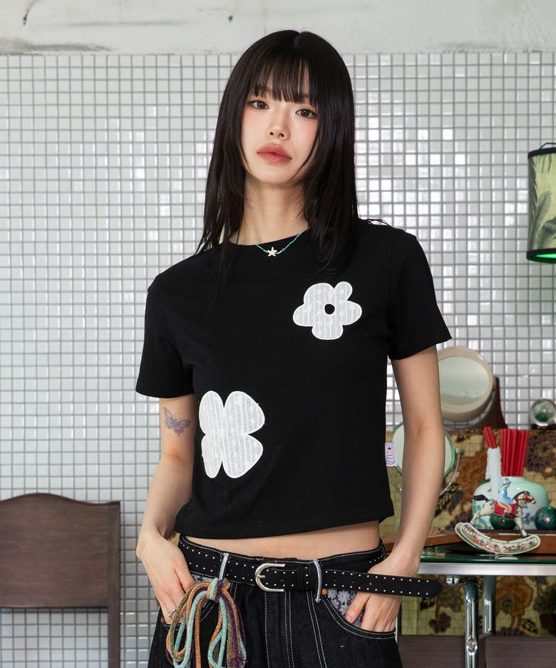 WXT043 솜사탕 레이스 아플리케 반팔 티셔츠 (BLACK)