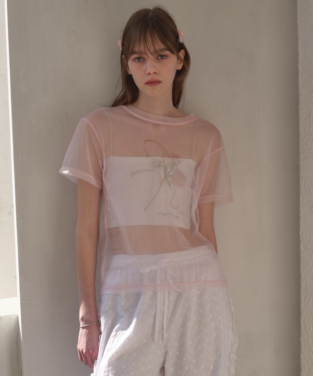 마가린핑거스(MARGARIN FINGERS) ROSE MESH T-SHIRT (LIGHT PINK)