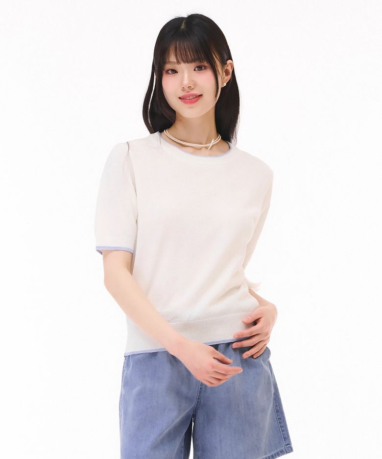 여성 크루넥 팁배색 스웨터-화이트