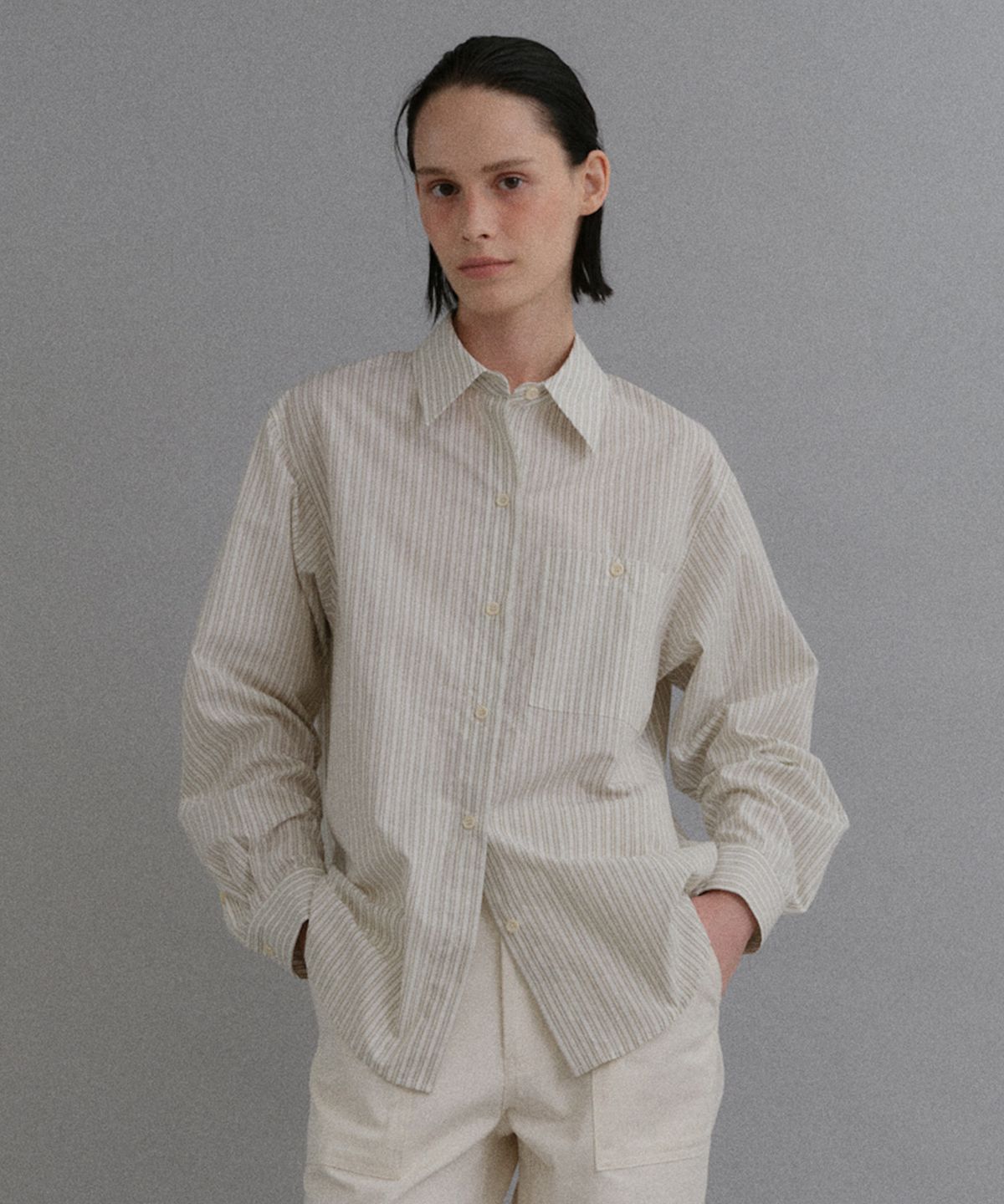 베이오드(BAIE OUD) ICHIMEN Stripe shirt_by Japan Fabric (ICHIMEN)_beige