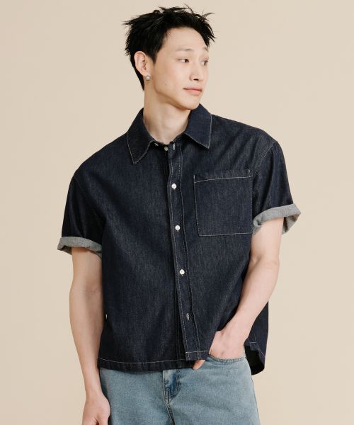 논페이드 반팔 데님 셔츠 다크 인디고