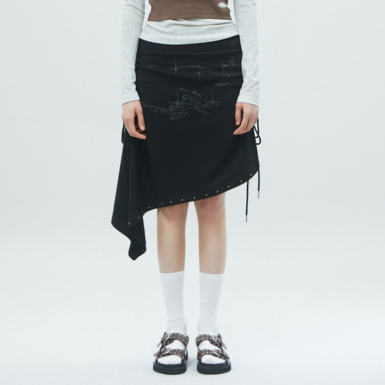UNBALANCE SHIRRING MIDI SKIRT 언밸런스 미디 스커트 BLACK BR2CS002