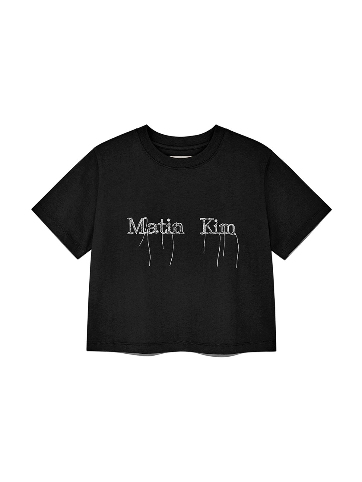 마뗑킴(MATIN KIM) LOGO THREAD POINT CROP TOP IN BLACK