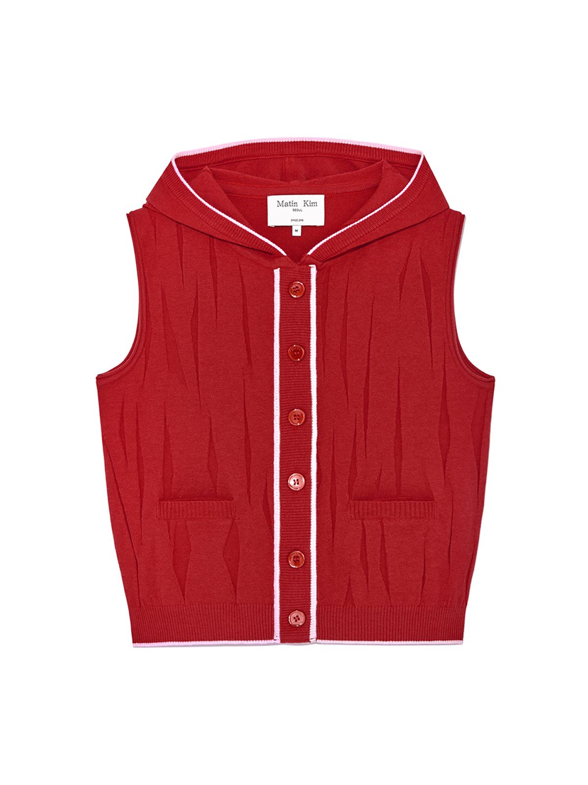 마뗑킴(MATIN KIM) WRINKLE HOODY BUTTON KNIT VEST IN RED