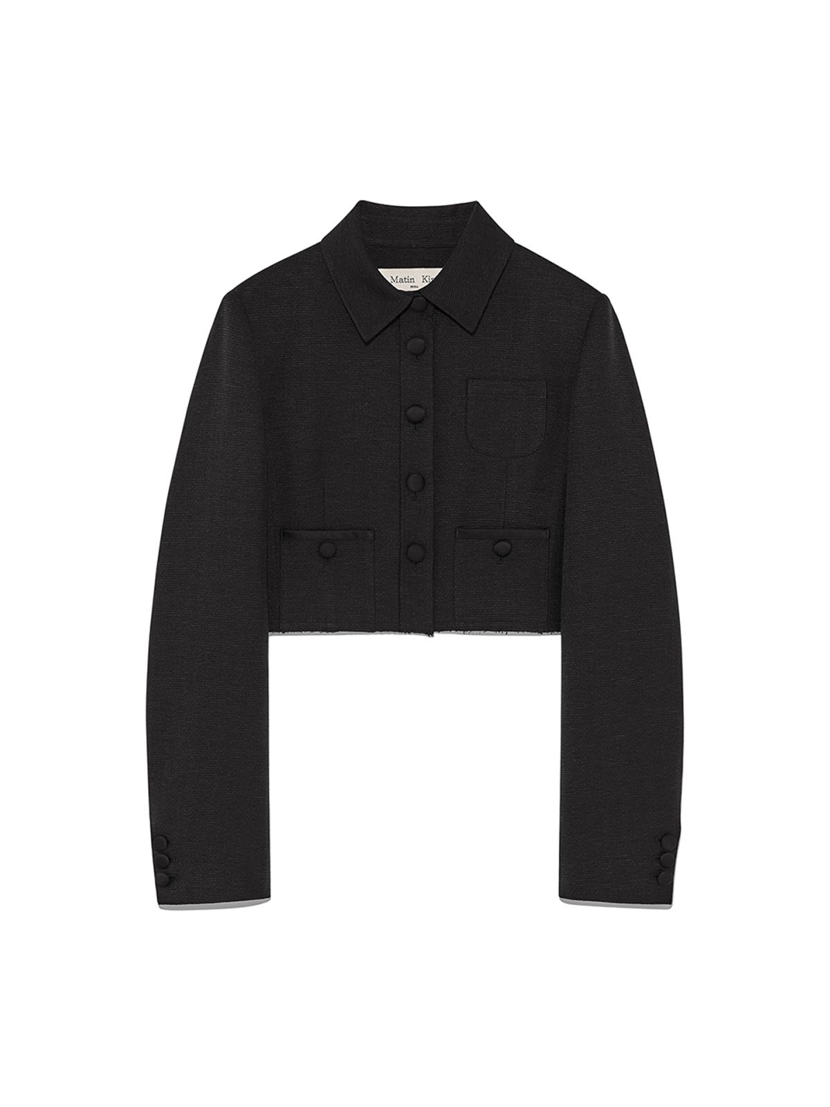 마뗑킴(MATIN KIM) STRIPE HERRINGBONE POCKET CROP JACKET IN BLACK