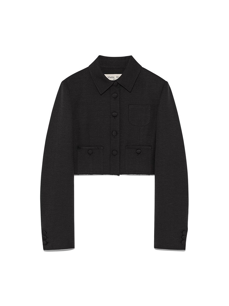 STRIPE HERRINGBONE POCKET CROP JACKET IN BLACK