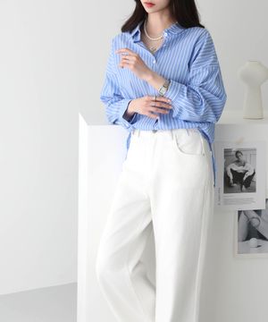 스트라이프 뒷리본 린넨혼방 셔츠 49683