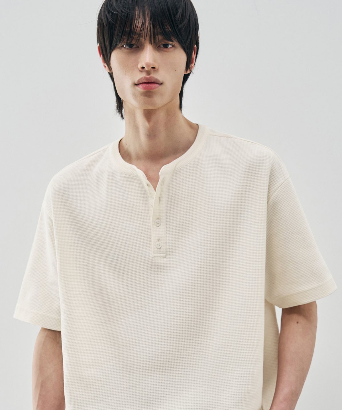 드로우핏(DRAW FIT) 와플 헨리넥 하프 티셔츠 [IVORY]