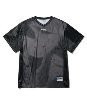 머쉬룸 메쉬 새틴 믹스 반팔티셔츠_블랙