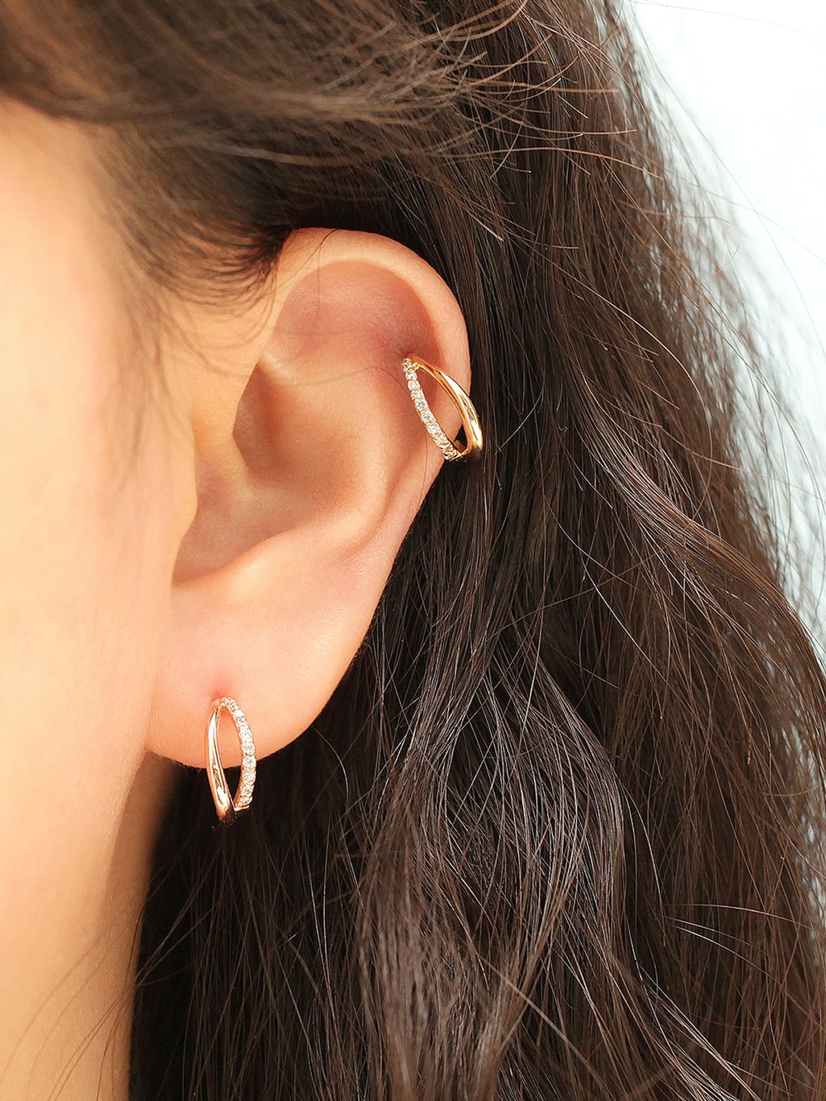 미니멀피어싱(MINIMALPIERCING) 14K 두줄 하프 큐빅 커브 링 피어싱 귀걸이