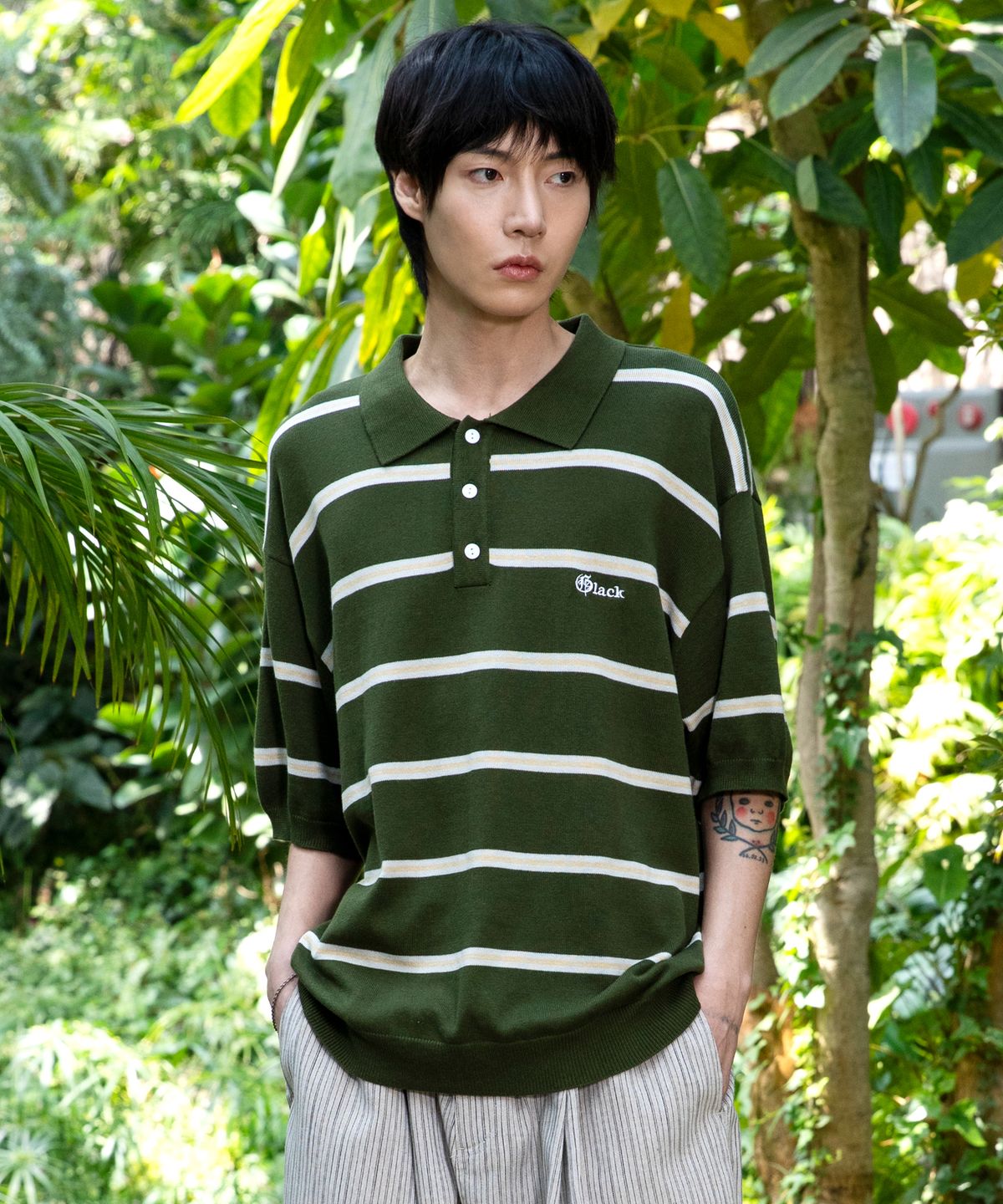 글랙(GLACK) GNT016 몹스터 스트라이프 카라 니트 (OLIVE)