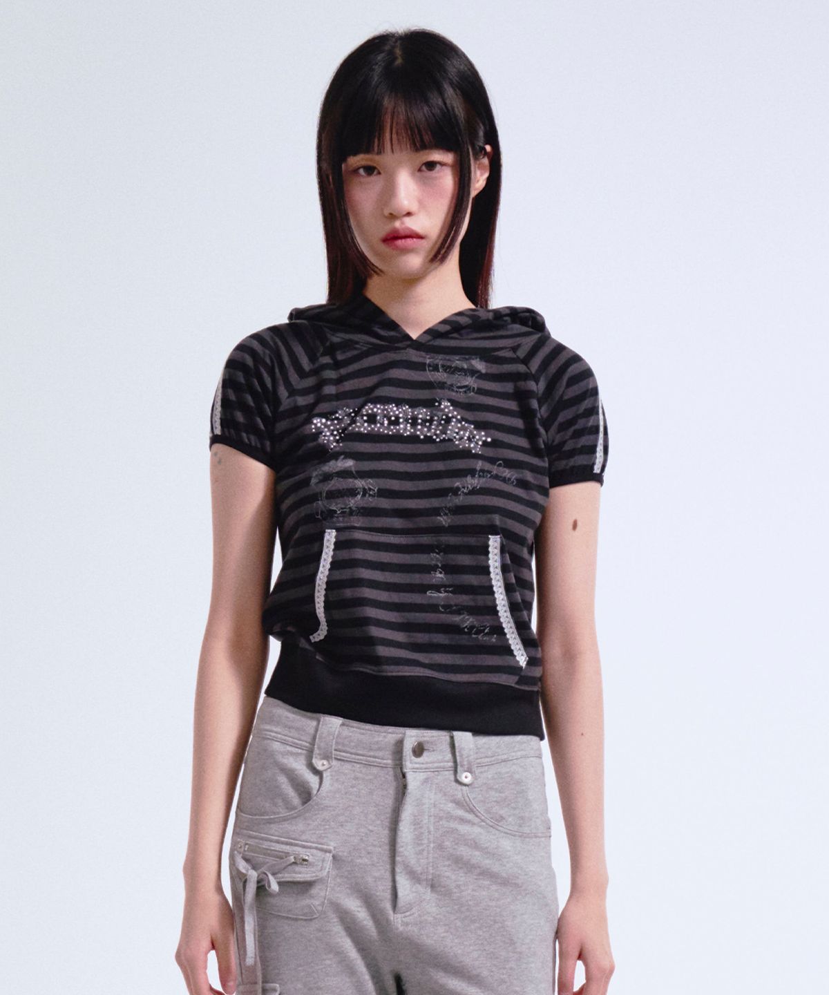 프렌다(PRENDA) STRIPE HOODIE SHORT SLEEVE BLACK