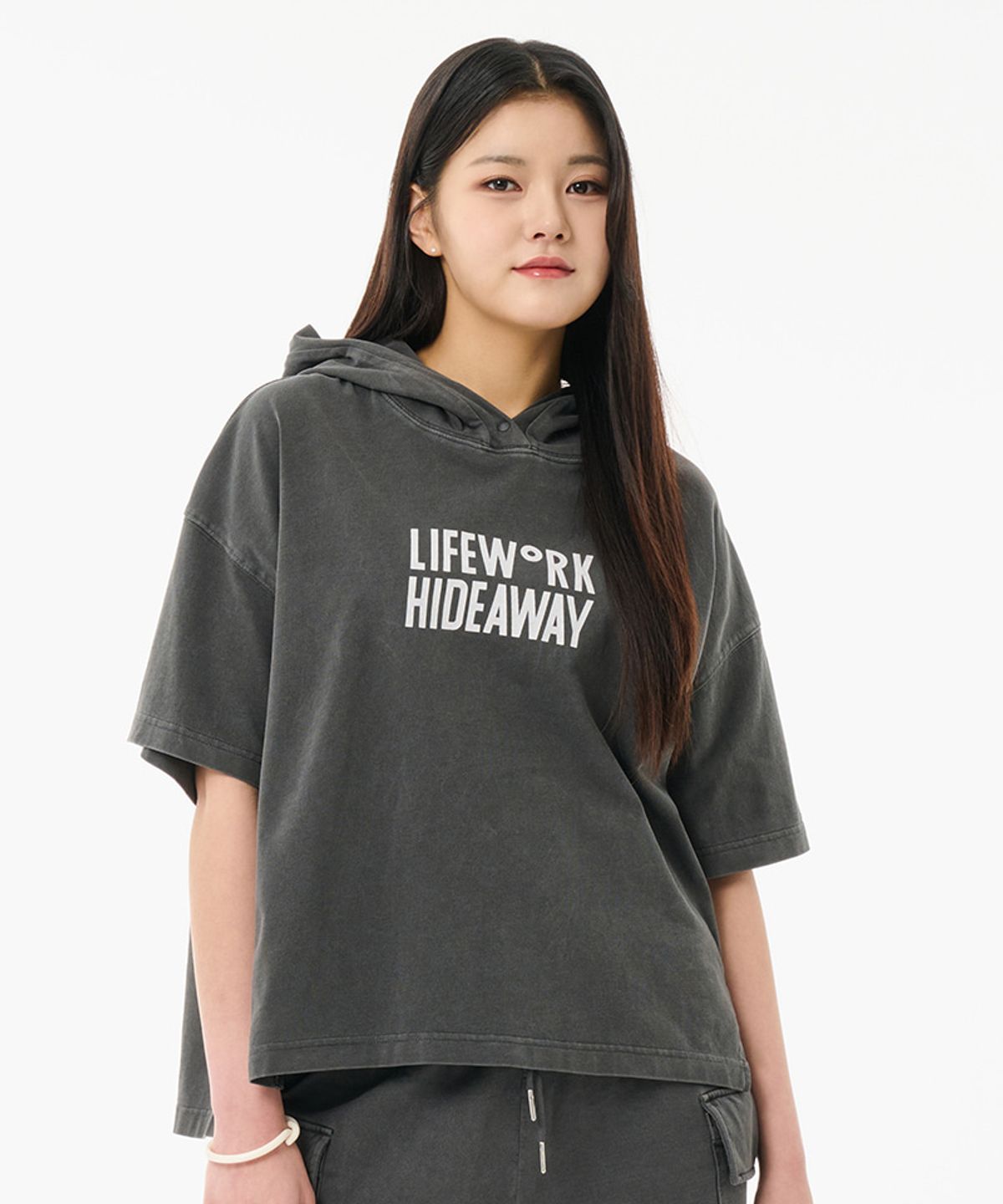 라이프워크(LIFEWORK) 여성) 피그먼트 라이즈 후드 반팔 티셔츠