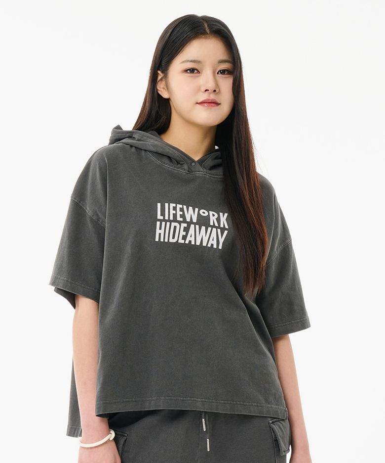 여성) 피그먼트 라이즈 후드 반팔 티셔츠