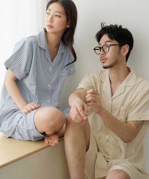 [2SET] 미니멀 잔체크 커플 반팔 잠옷세트