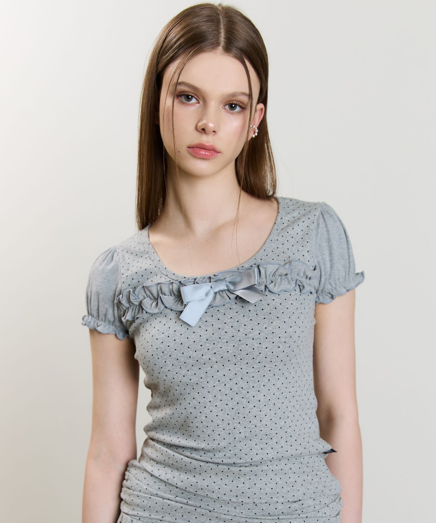 ★2025SS新作★LUV IS TRUE★SM RIBBON PUFF PATTERN TEE Factory: Girls' Bunny-pocket Graphic Tee For Girls