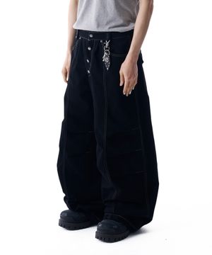 Knee Pin-tuck Studded Cotton Pants (Black)