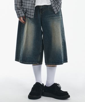 워싱 커브드 버뮤다 데님 팬츠[빈티지인디고]