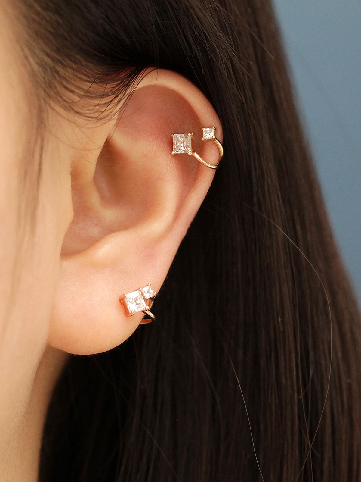 미니멀피어싱(MINIMALPIERCING) 14K 사각 큐빅 두줄 피어싱 귀걸이