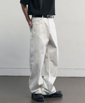 스티치드 커브 와이드 데님 팬츠 [오프화이트]