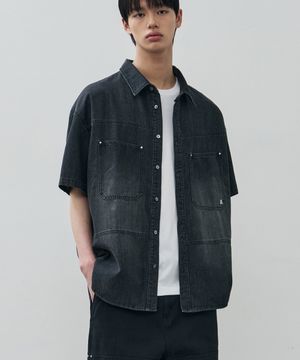콘트라스트 빈티지 데님 하프 셔츠 [워시드블랙]
