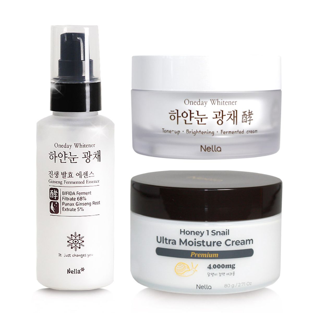 넬라(NELLA) 하얀눈 광채 발효 에센스+톤업크림+프리미엄 스네일크림 3종 세트