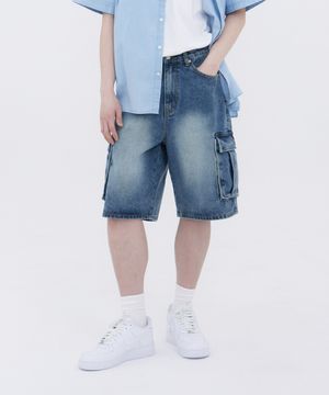 빈티지 스트릿 카고 오버핏 5부 데님 팬츠 유니섹스 (블루)