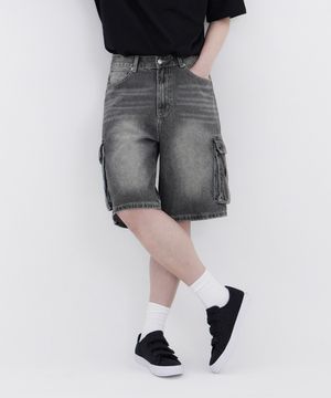 빈티지 스트릿 카고 오버핏 5부 데님 팬츠 유니섹스 (블랙)