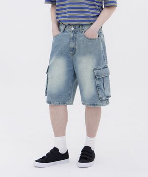 빈티지 스트릿 카고 오버핏 5부 데님 팬츠 유니섹스 (라이트블루)