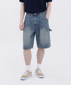 빈티지 카펜터 오버핏 5부 데님 팬츠 유니섹스 (블루)