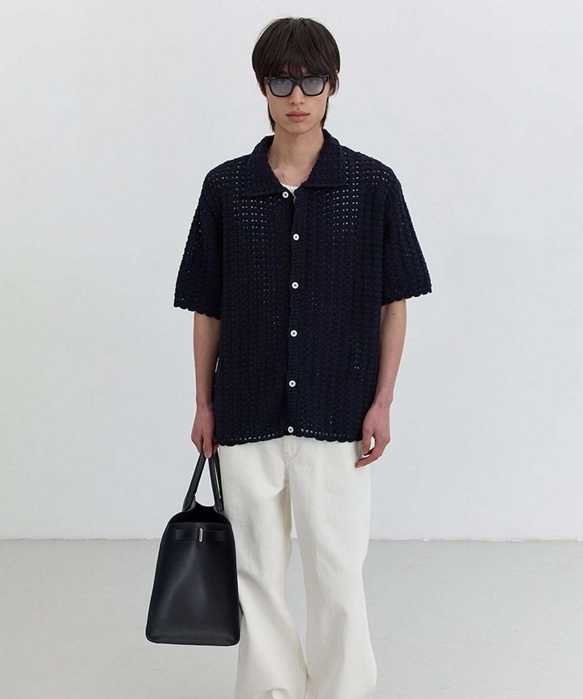 던스트 포 맨(DUNST FOR MEN) OPEN COLLAR CROCHET CARDIGAN_UNISEX_UDSW5B123_FRENCH NAVY