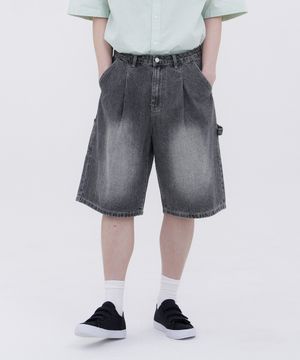 빈티지 카펜터 오버핏 5부 데님 팬츠 유니섹스 (블랙)