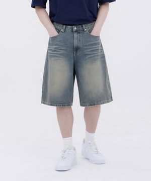 빈티지 워싱 스트릿 오버핏 5부 데님 팬츠 유니섹스 (블루)