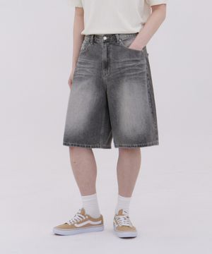 빈티지 워싱 스트릿 오버핏 5부 데님 팬츠 유니섹스 (블랙)