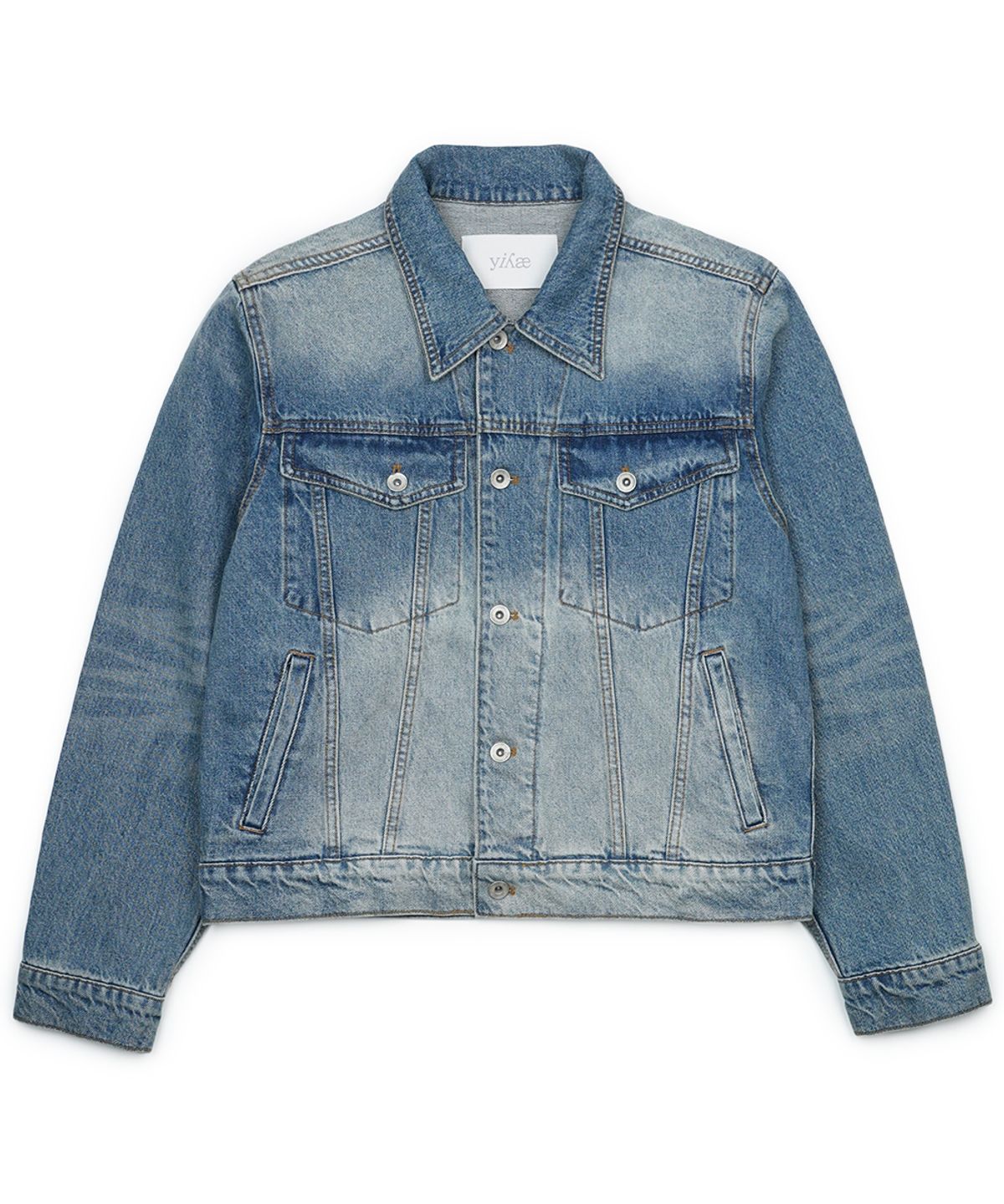 이예(YIYAE) Aslant Crop Denim Jacket _ Blue