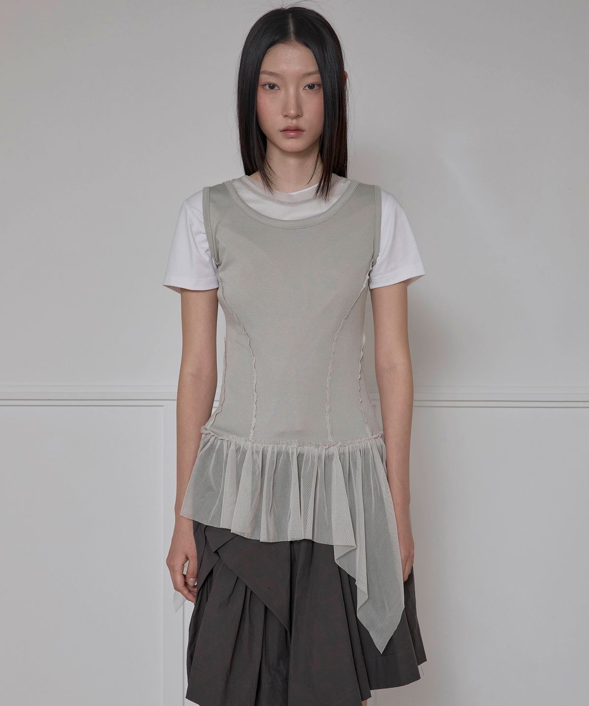 플레어업(FLAREUP) Layered Lace Frill Sleeveless (FL-157_Gray)