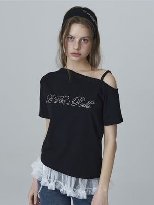 오프숄더 레터링 큐빅 티셔츠 - 블랙