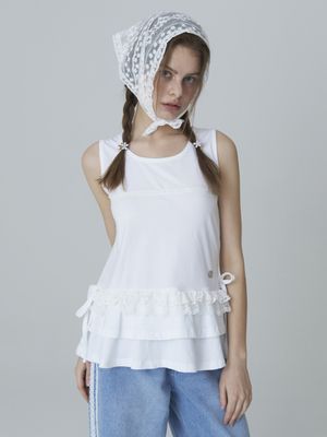 리본 레이스 프릴 슬리브리스 - 화이트