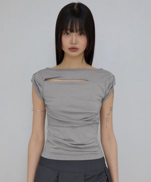 Asymmetrical Draped Roll-Up T-Shirt (FL-165_Gray)