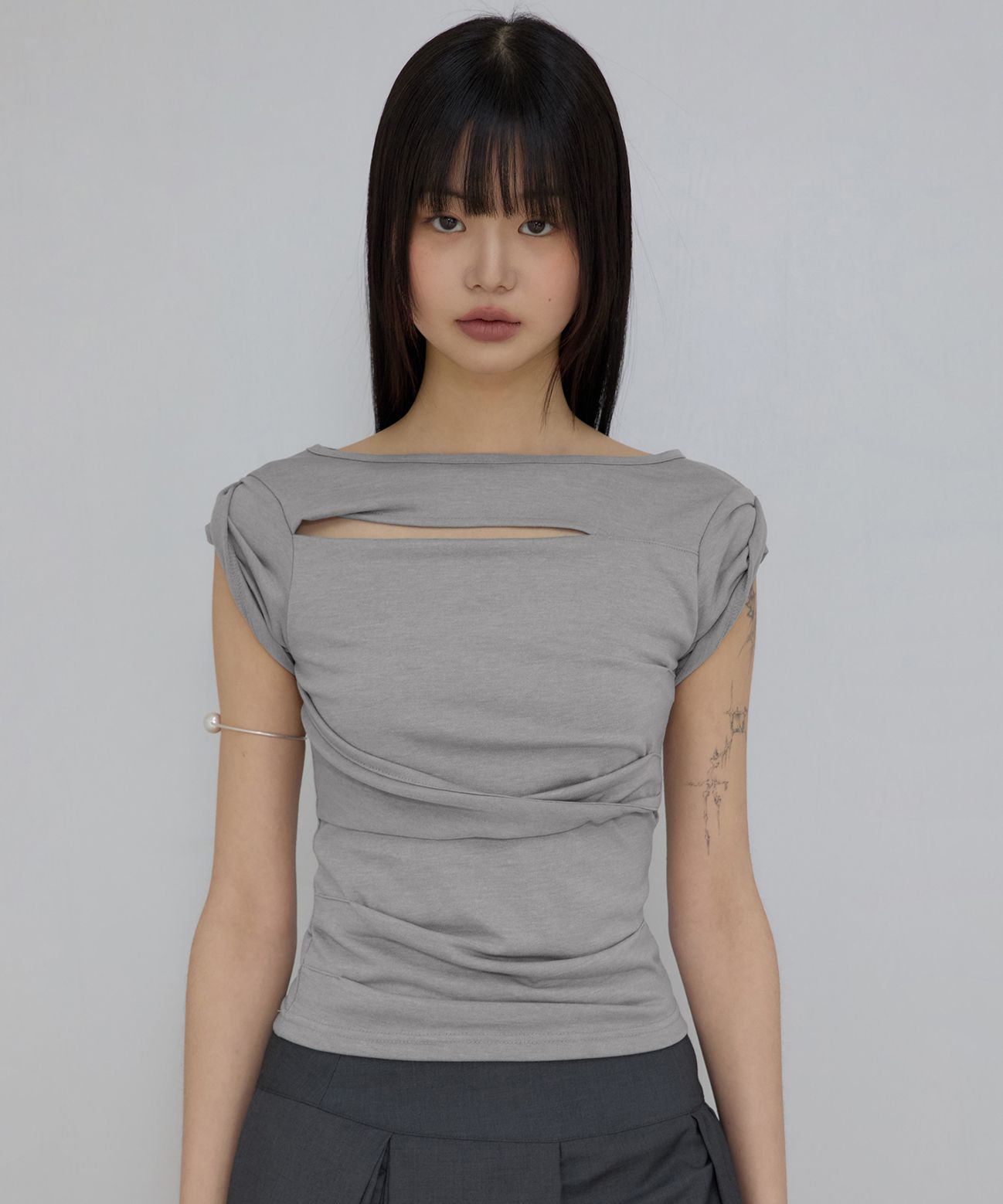 MUSINSA | FLAREUP Asymmetrical Draped Roll-Up T-Shirt (FL