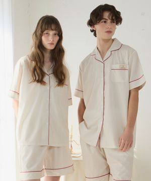 [2PACK] 루나 스트라이프 에그쉘/애쉬 반팔 카라 잠옷 상하의 세트