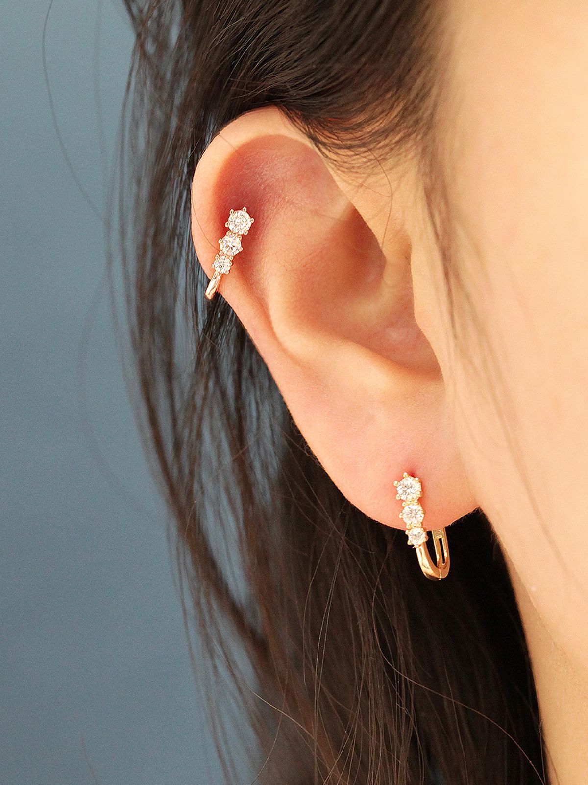미니멀피어싱(MINIMALPIERCING) 14K 트리플 큐빅 원터치 링 귀걸이