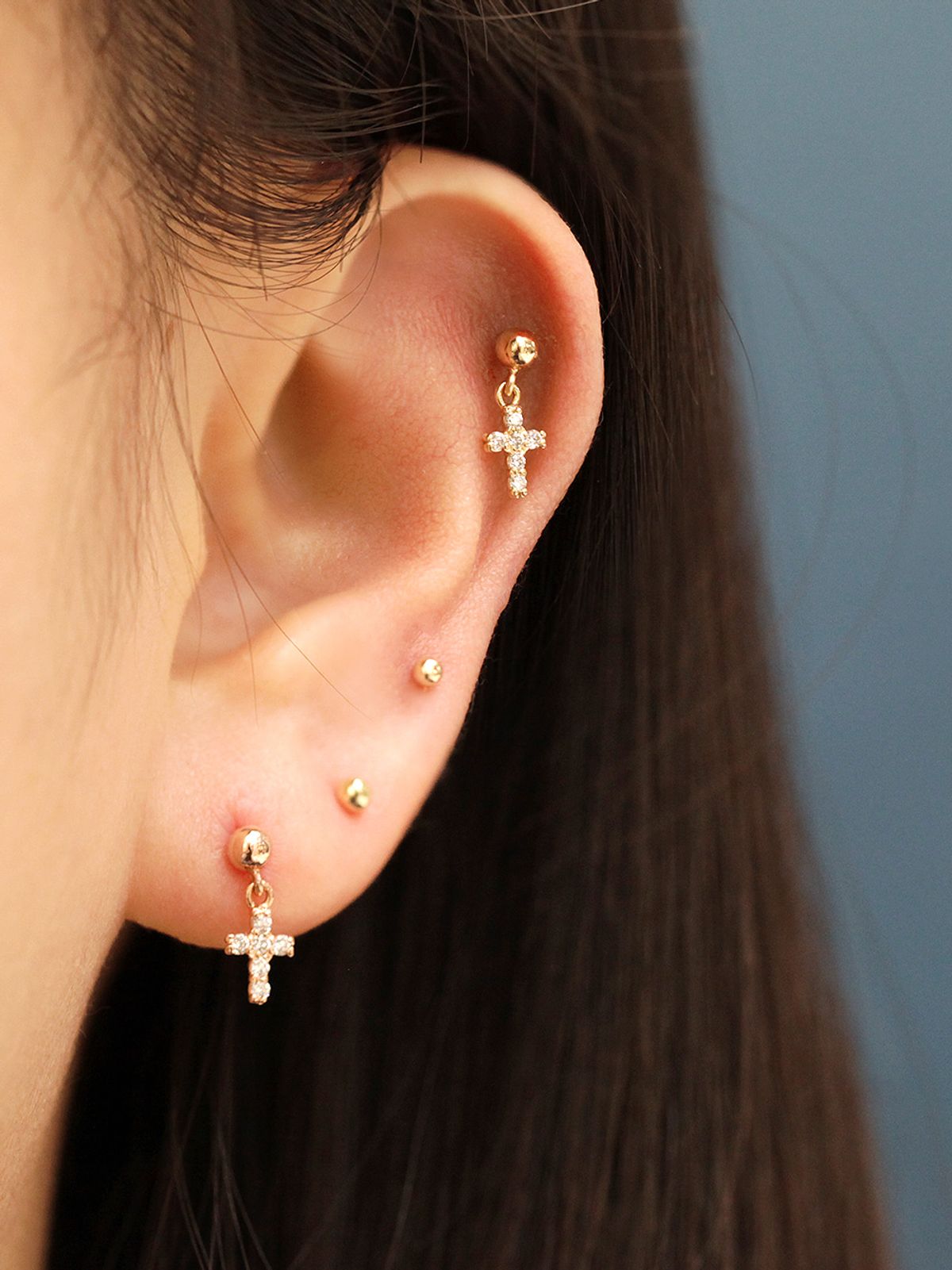 미니멀피어싱(MINIMALPIERCING) 14K 볼 큐빅 십자가 드롭 피어싱 귀걸이