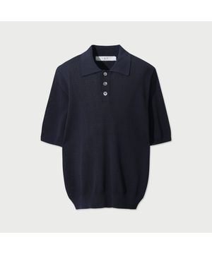 Cascade 반팔 루즈 반팔 카라 니트 - NAVY