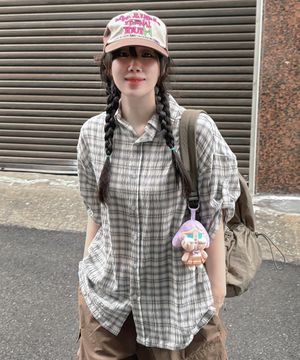 롤업 체크 하프 셔츠 블루