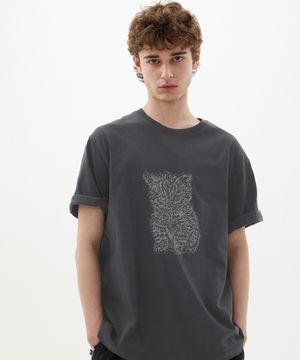 Night kitten 프린트 피그먼트 티셔츠 챠콜
