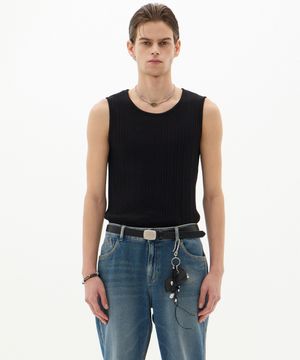 루센트 비대칭 골지 슬리브리스 블랙