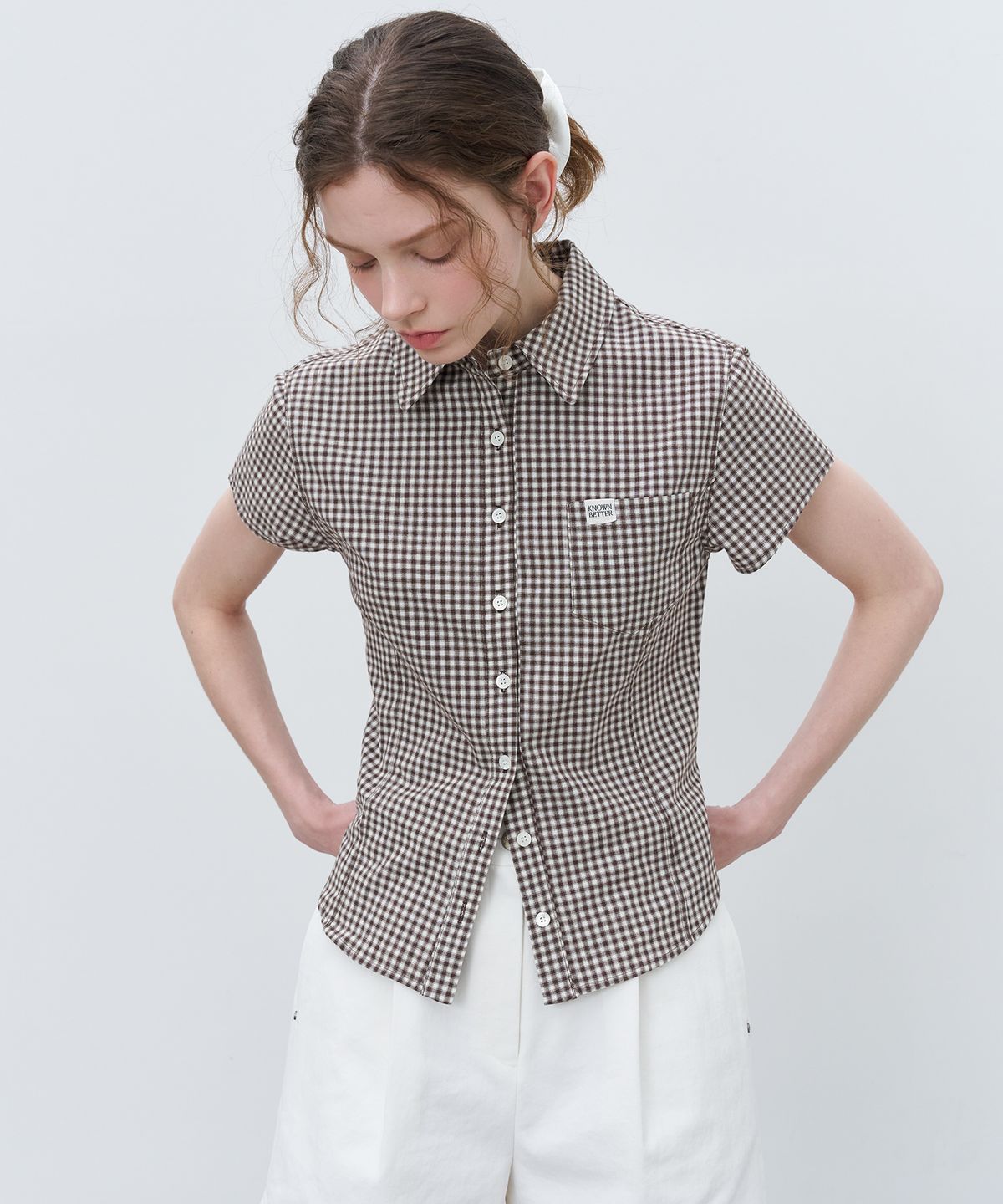 노운베러(KNOWNBETTER) Gingham check half shirt [KNSS03SH01]_Brown