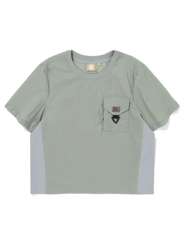 W 포켓 배색 우븐 라운드 티셔츠_Olive