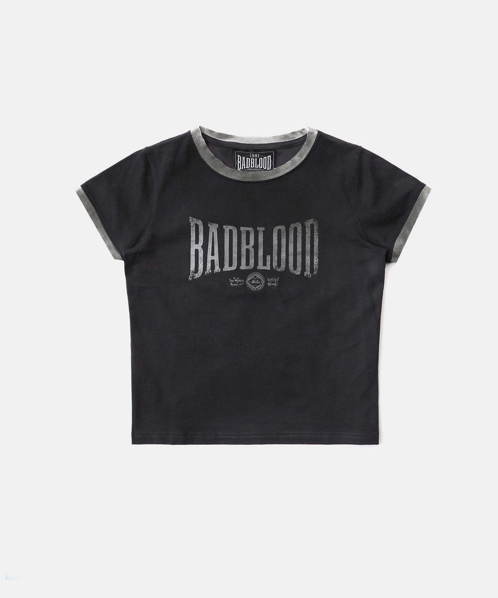 ◆BADBLOOD◆ Curved Logo Dusty Ringer T-Shirt White w-tee25- MUSINSA | BADBLOOD Curved Logo Dusty Ringer T-Shirt - Black